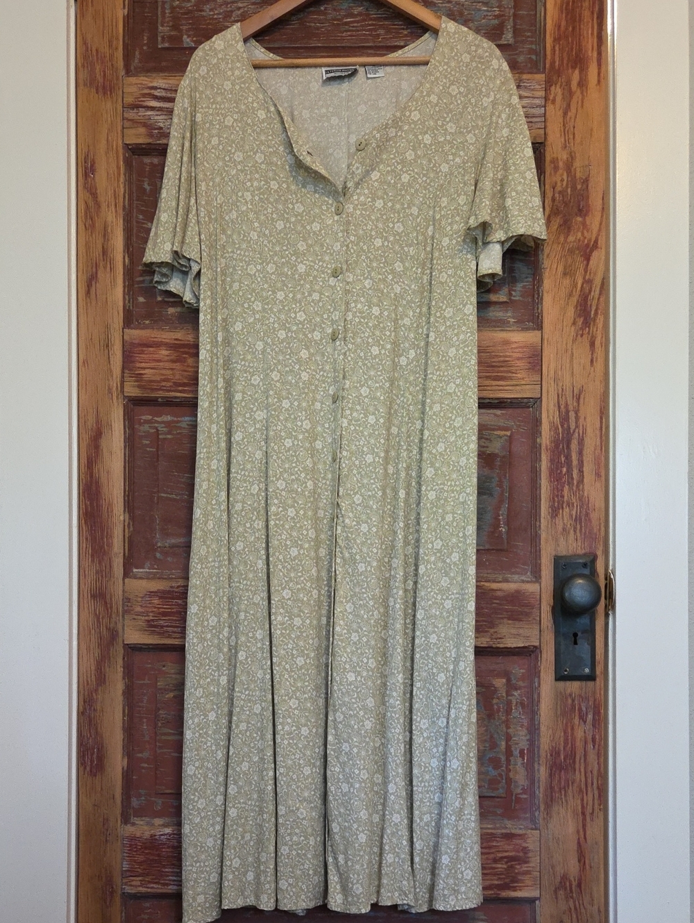 Vintage 80's Tie-Back Button-Front Maxi Dress, Olive & Cream Micro-Floral Paisly